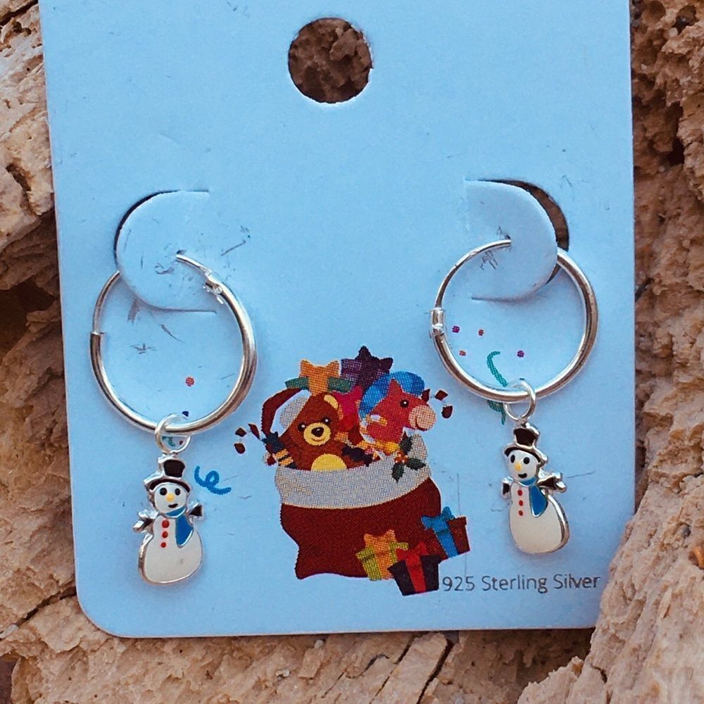 Children's Silver Hoops w/ Hanging epoxy Snowman - Picture 2 of 3